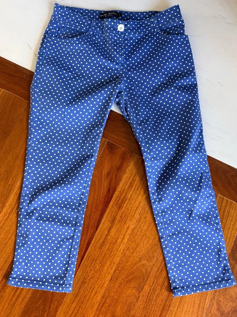 Mini Boden Big Girls Capri Pants Adjustable Waist Blue Polka Dot Jeans Size 14Y